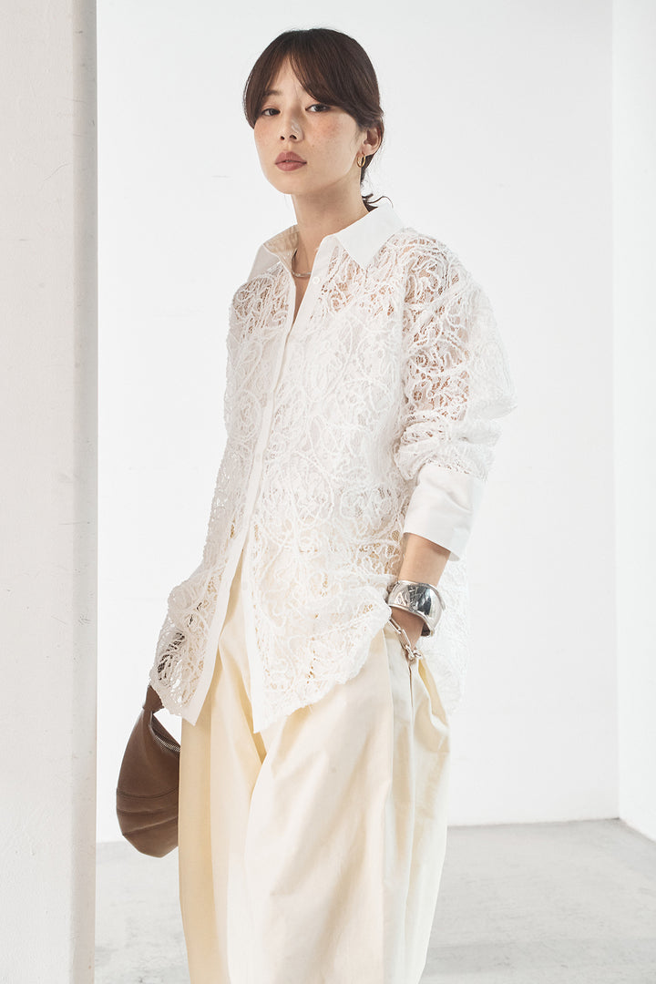[SET]刺繍レースオーバーサイズシャツ+合繊ツイルパイピングタックカーブパンツ(2set)