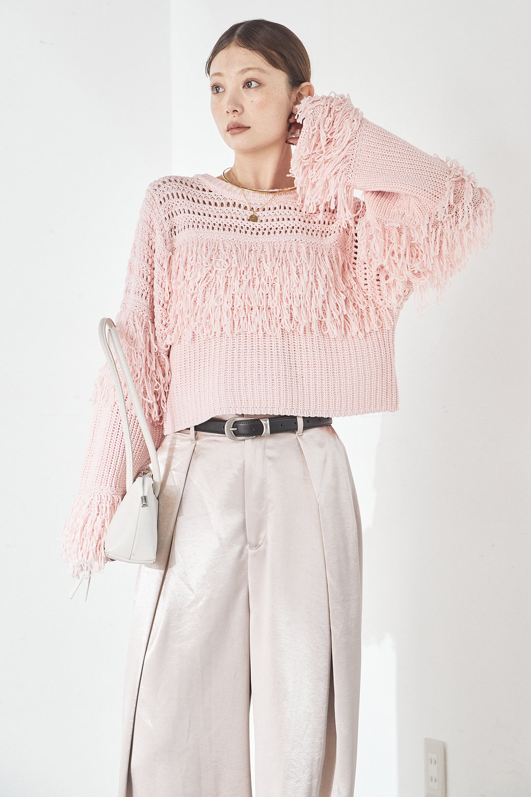 [SET]メッシュフリンジ切り替えプルオーバー+サテンタックワイドパンツ(2set)