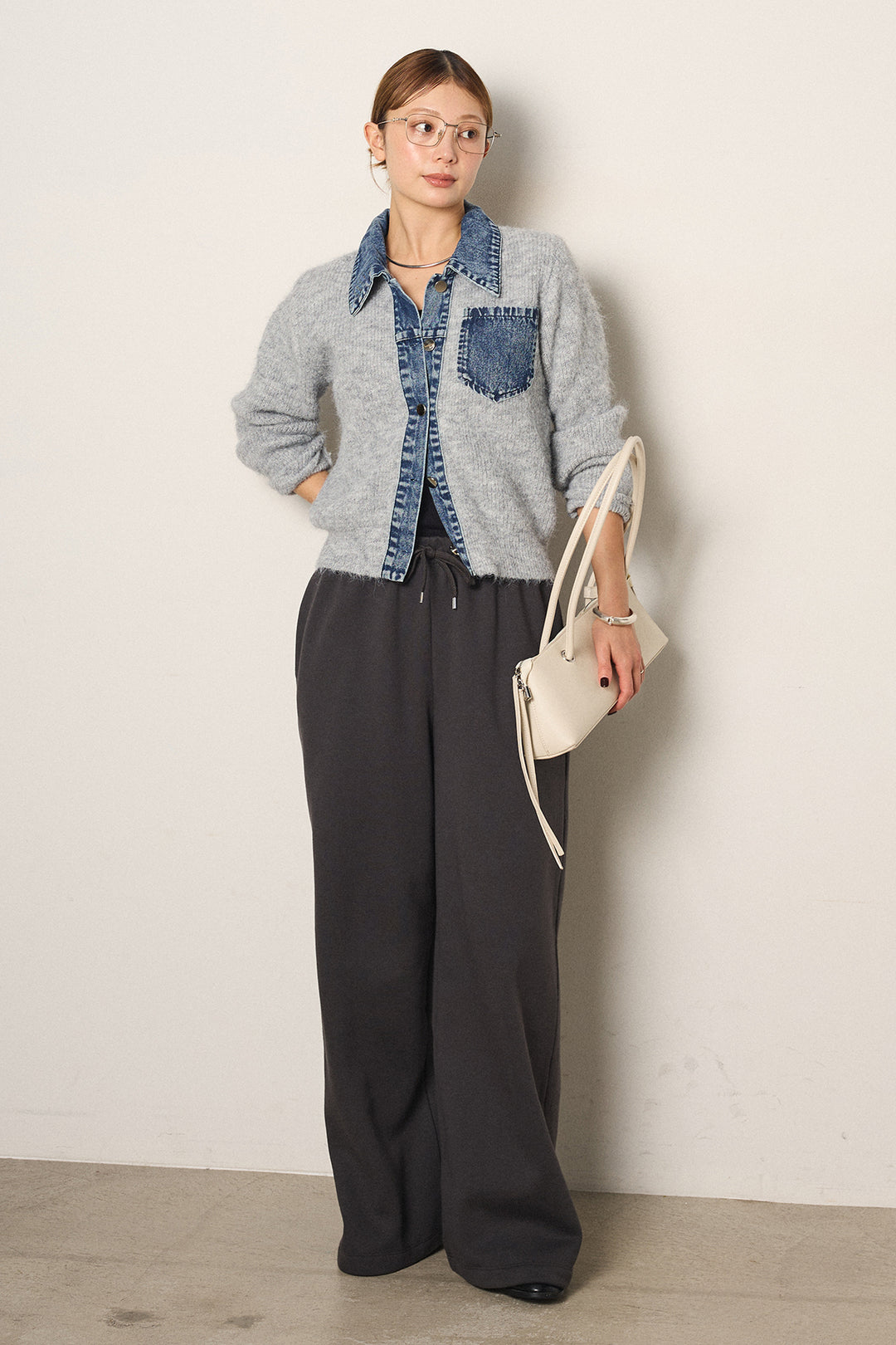[SET]襟付きデニム切替ニットカーディガン+裏起毛スウェットワイドパンツ(2set)