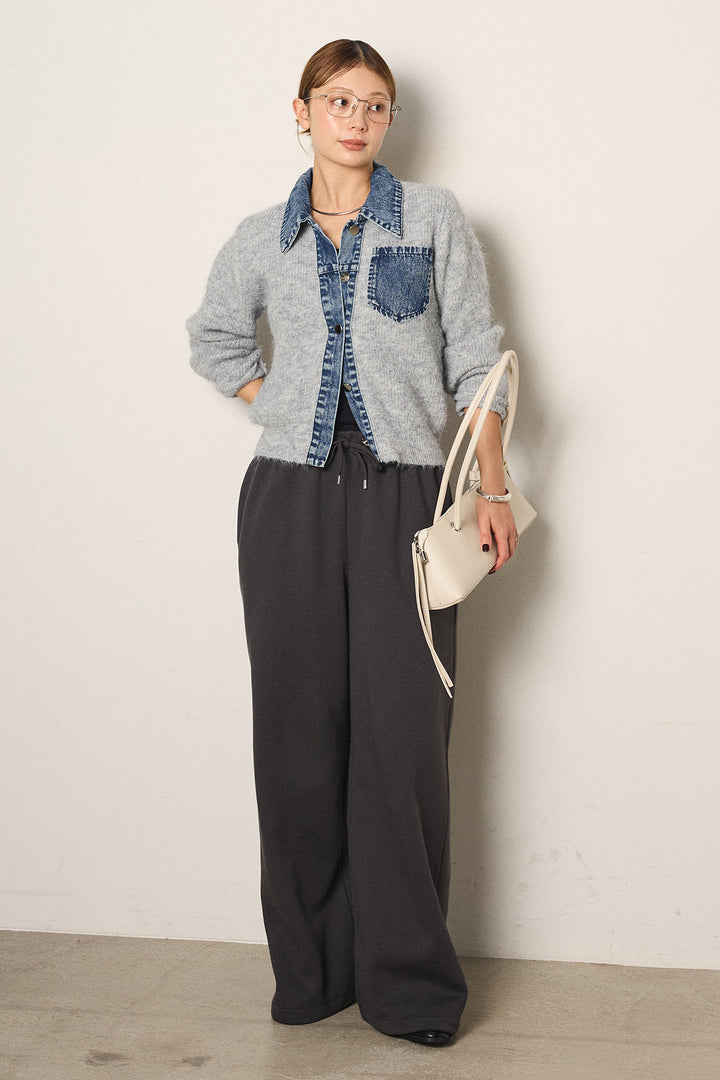 [SET]襟付きデニム切替ニットカーディガン+裏起毛スウェットワイドパンツ(2set)