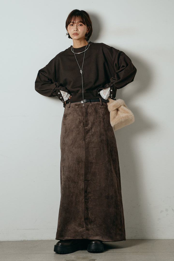 [SET]裏毛バックオープンプルオーバー+エコスウェードワイドスカート(2set)