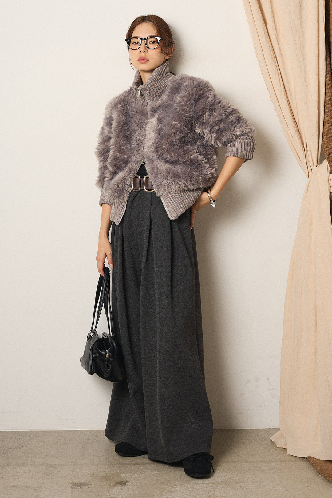 [SET]ハイネックボアブルゾン+フェイクレザー太ベルト付きタックワイドパンツ(2set)