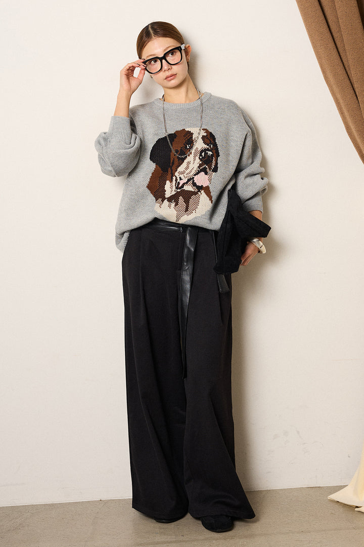 [SET]アニマルジャガード柄ニットトップス+巻ベルトウエストレザーライクワイドパンツ(2set)
