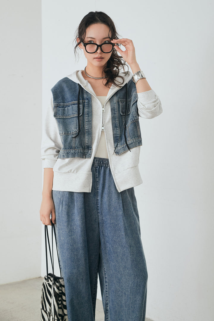 [SET]デニム切替ポンチダブルジップパーカー+テンセルデニムイージーワイドパンツ(2set)