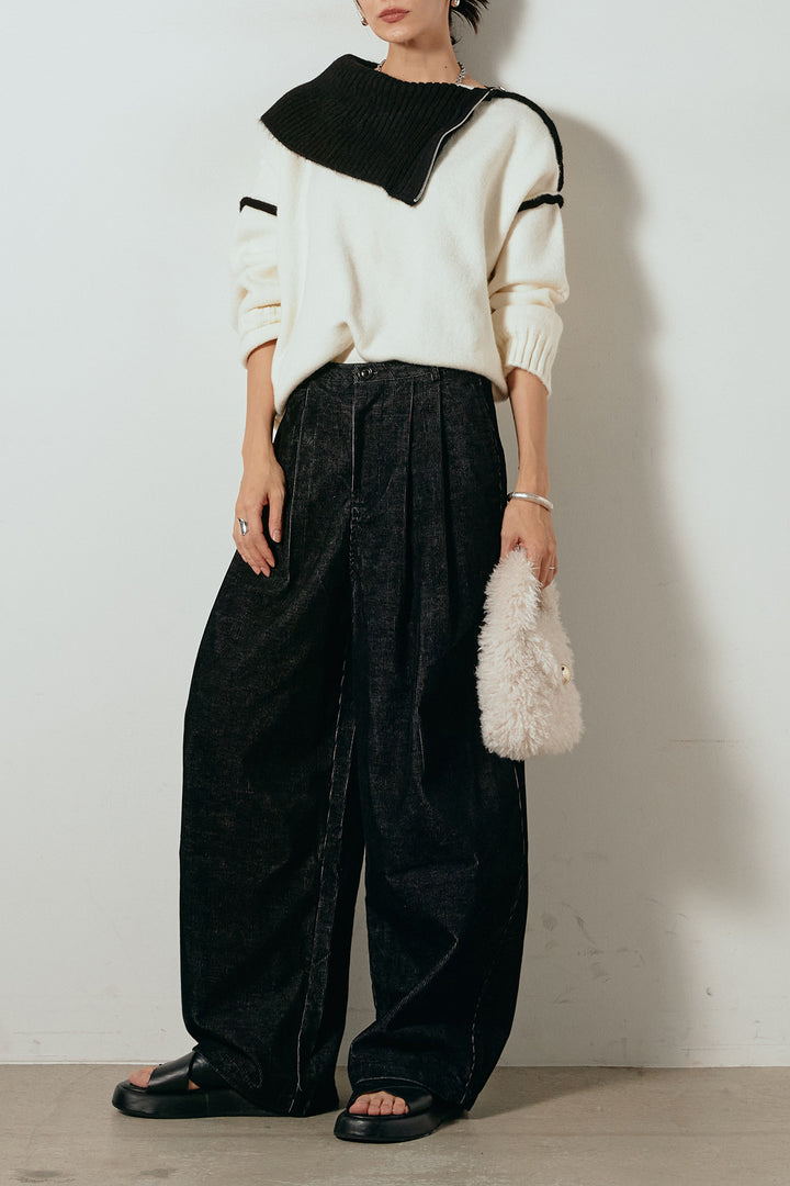 [SET]ハイネックジップデザインニットトップス+フロントタック入りコーデュロイパンツ(2set)