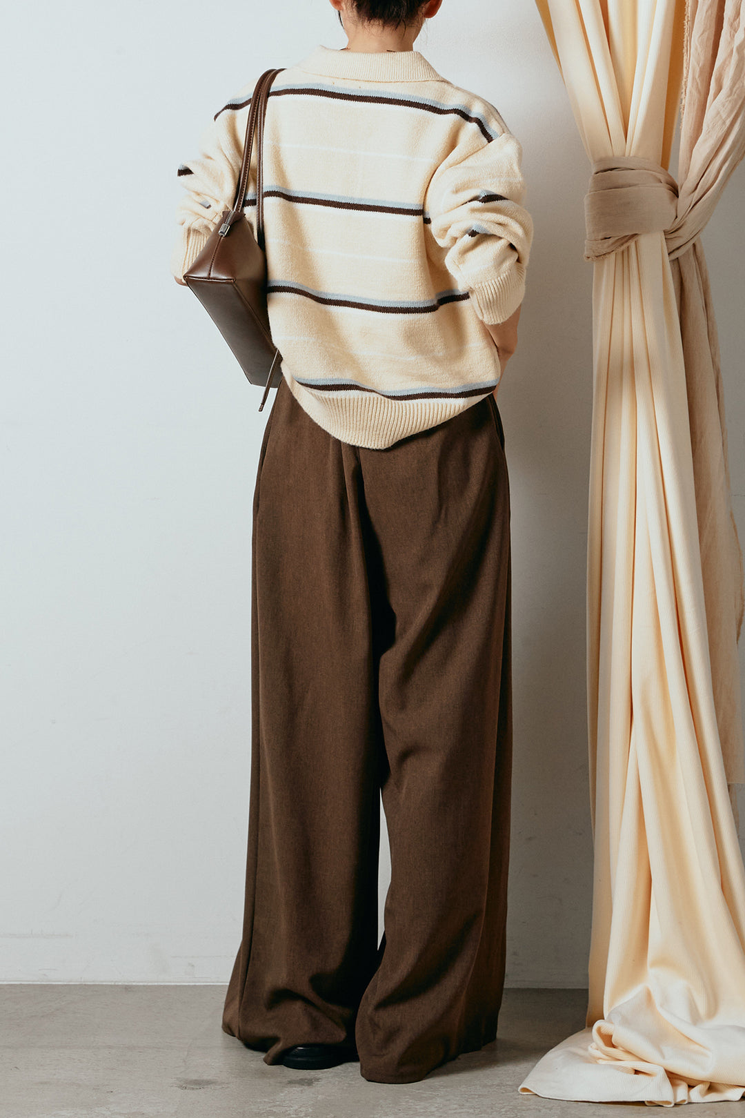 [SET]襟付きマルチボーダーニットポロトップス+ウエストステッチデザインワイドスラックス(2set)