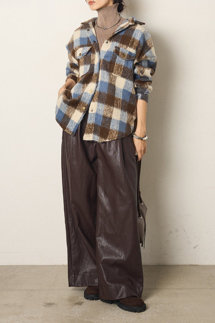 [SET]起毛チェック柄ポケットアウター+ベルト付きレザーライクタックパンツ(2set)