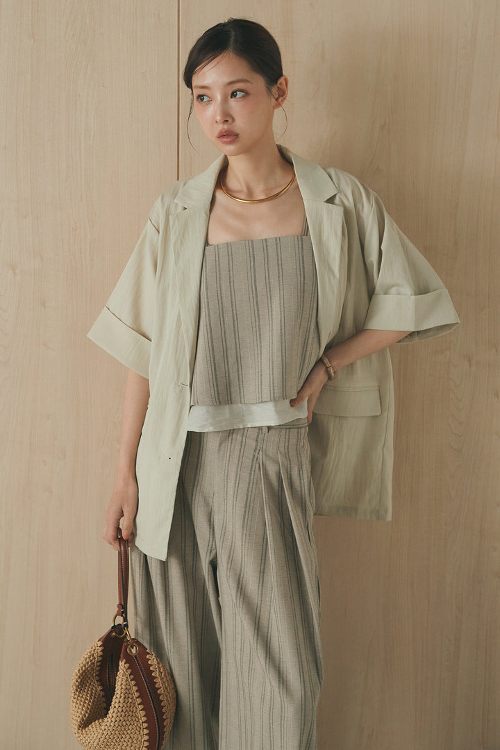 [SET]リネンライクテーラードハーフスリーブジャケット+リネンストライプタックワイドパンツ+リネンストライプレイヤードキャミ(3set)