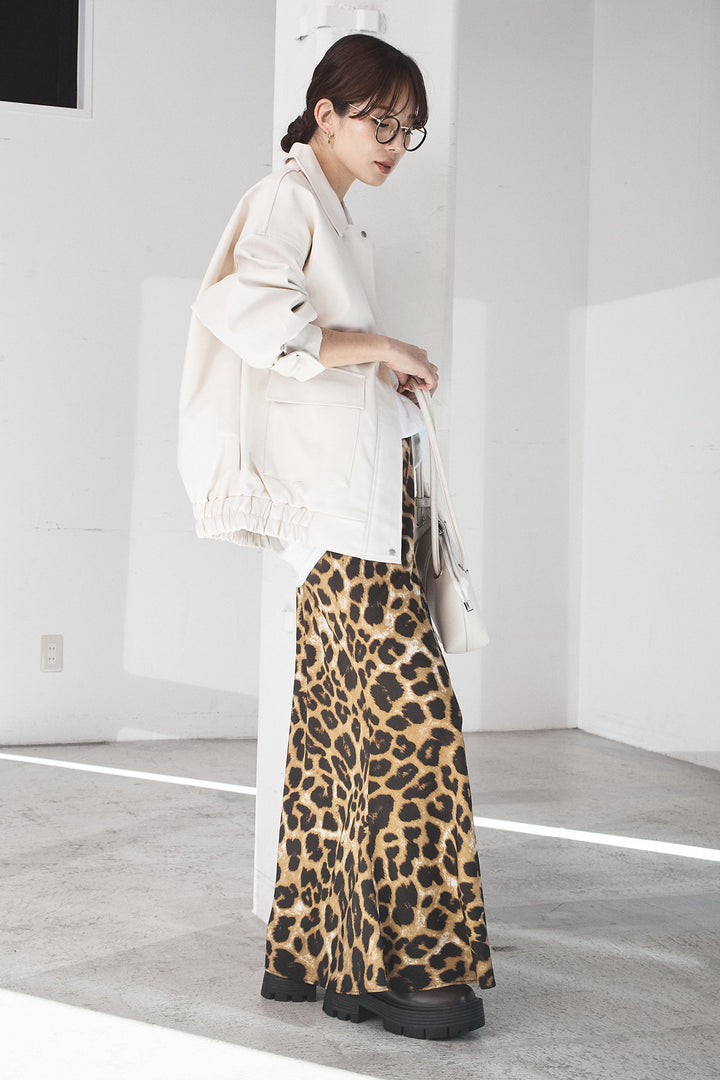 [SET]レザーライクオーバーサイズブルゾン+レオパードサテンナロースカート(2set)