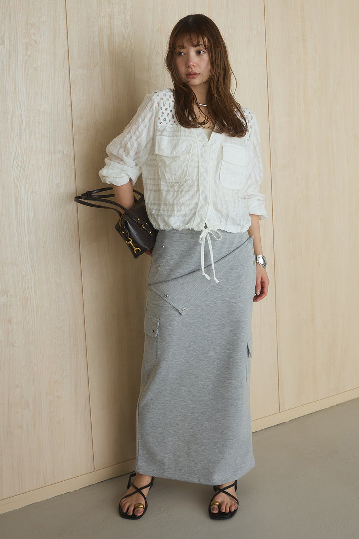 [SET]異素材切替シアーメッシュカーディガン+ドットボタン付きカットタイトスカート(2set)