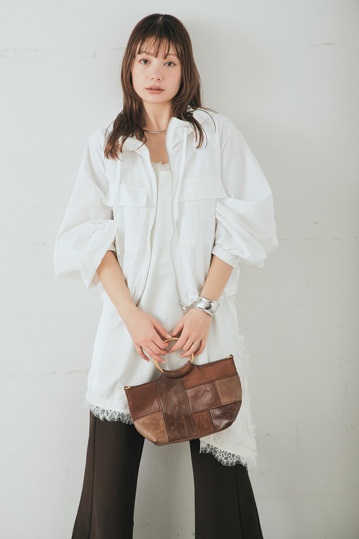 [SET]ナイロンボリュームWジップパーカーブルゾン+サテンレースアシメキャミ+細編みベルト付きパンツ+サテンレースアシメキャミ(3set)