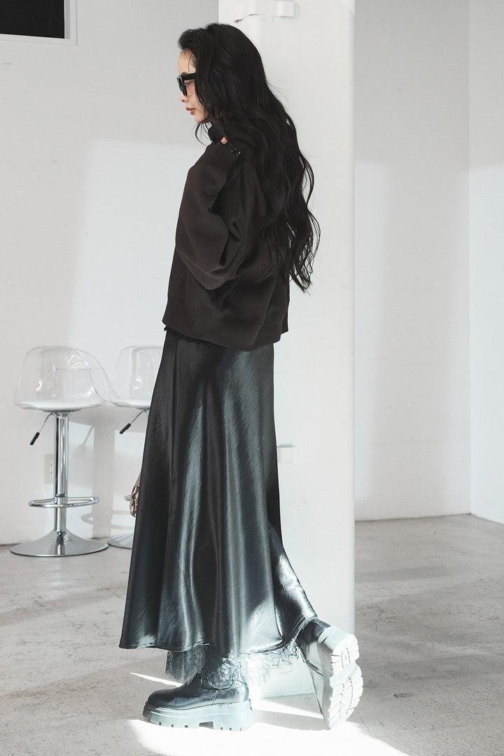 [SET]裏起毛レタリング刺繍フーディショートプルオーバー+ストレッチレースクルーネックインナー(2set)