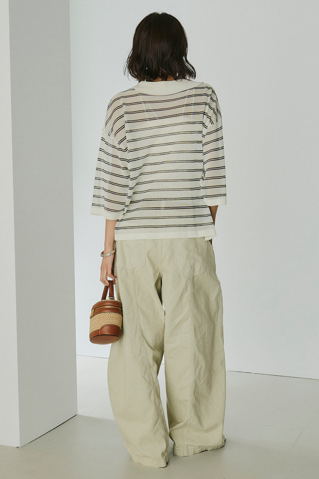 [SET]ボーダーニットポロシャツ+サイドベルトカーブワイドパンツ(2set)