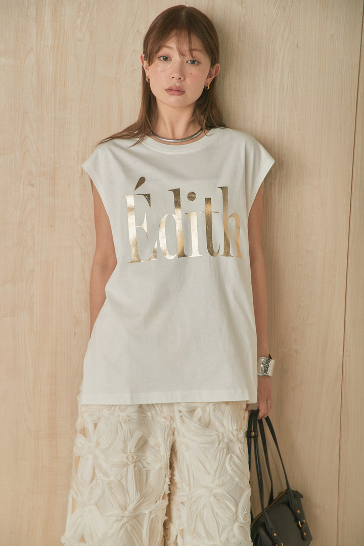 [SET]箔ロゴプリントノースリーブTシャツ+立体レースストレートパンツ(2set)