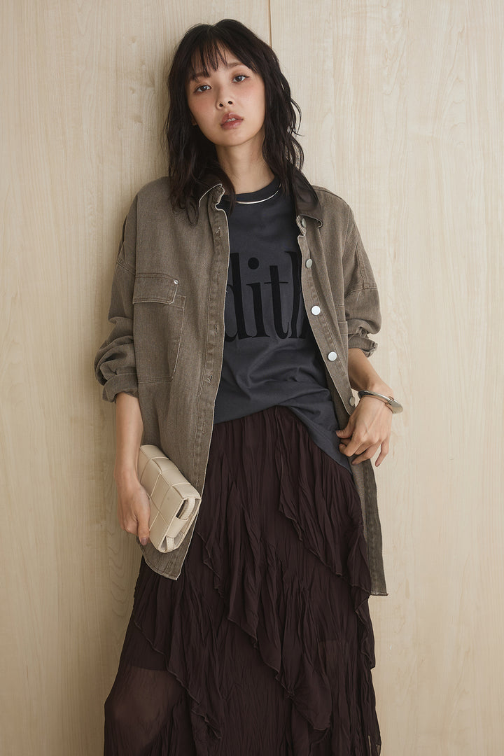 [SET]襟レザーライクシャツジャケット+ビッグロゴプリントTシャツ+ランダムフリルスカート(3set)