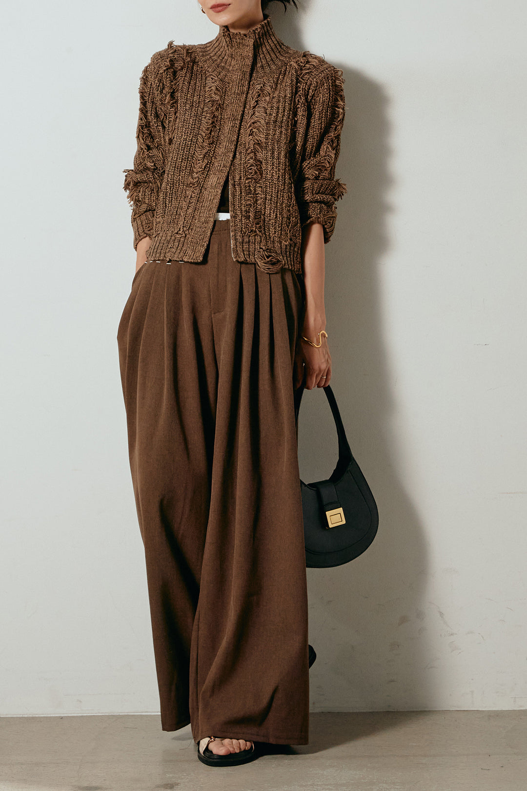 [SET]ハイネックフリンジジップニットトップス+ウエストステッチデザインワイドスラックス(2set)