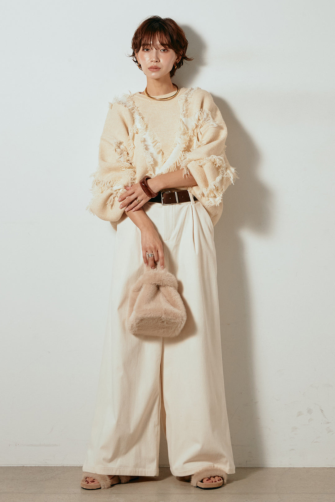 [SET]シャギージャガードニットトップス+太ベルト付きコーデュロイタックパンツ(2set)