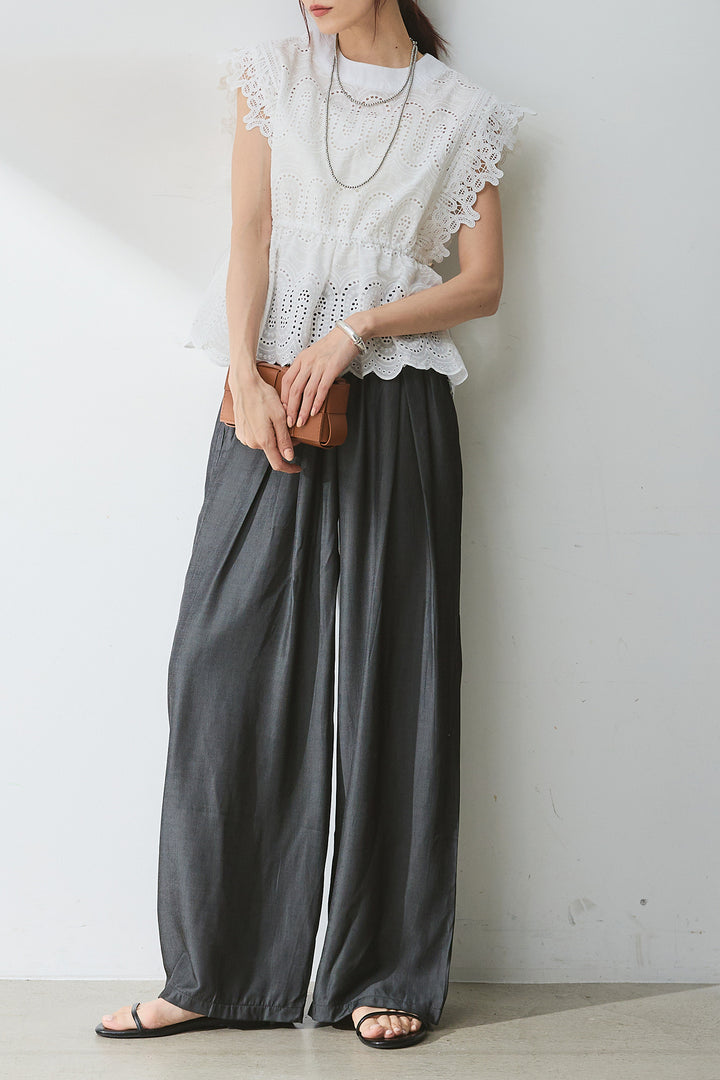 [SET]カットワークレースノースリーブ+ウエストゴムワイドパンツ(2set)