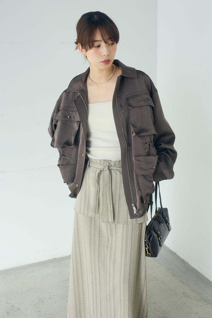 [SET]サテンライトブルゾン+ラップ巻きピンストライプワイドスカート(2set)