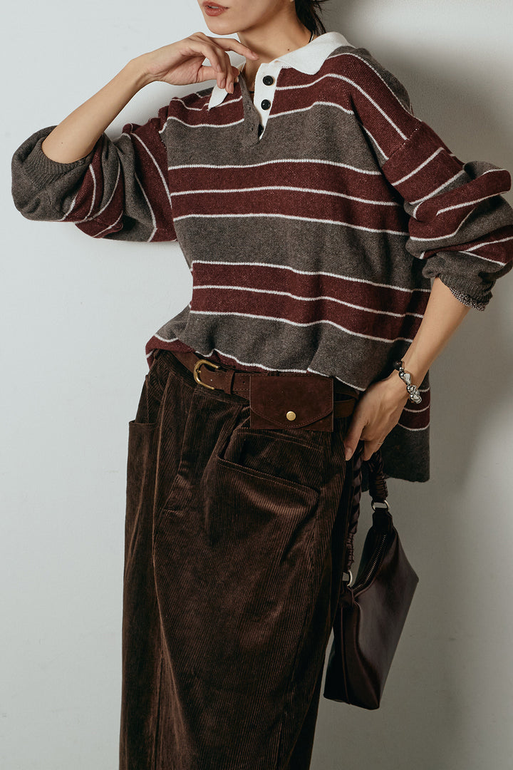 [SET]ラガーニットボーダーポロプルオーバー+ポーチベルト付きコーデュロイワイドスカート(2set)