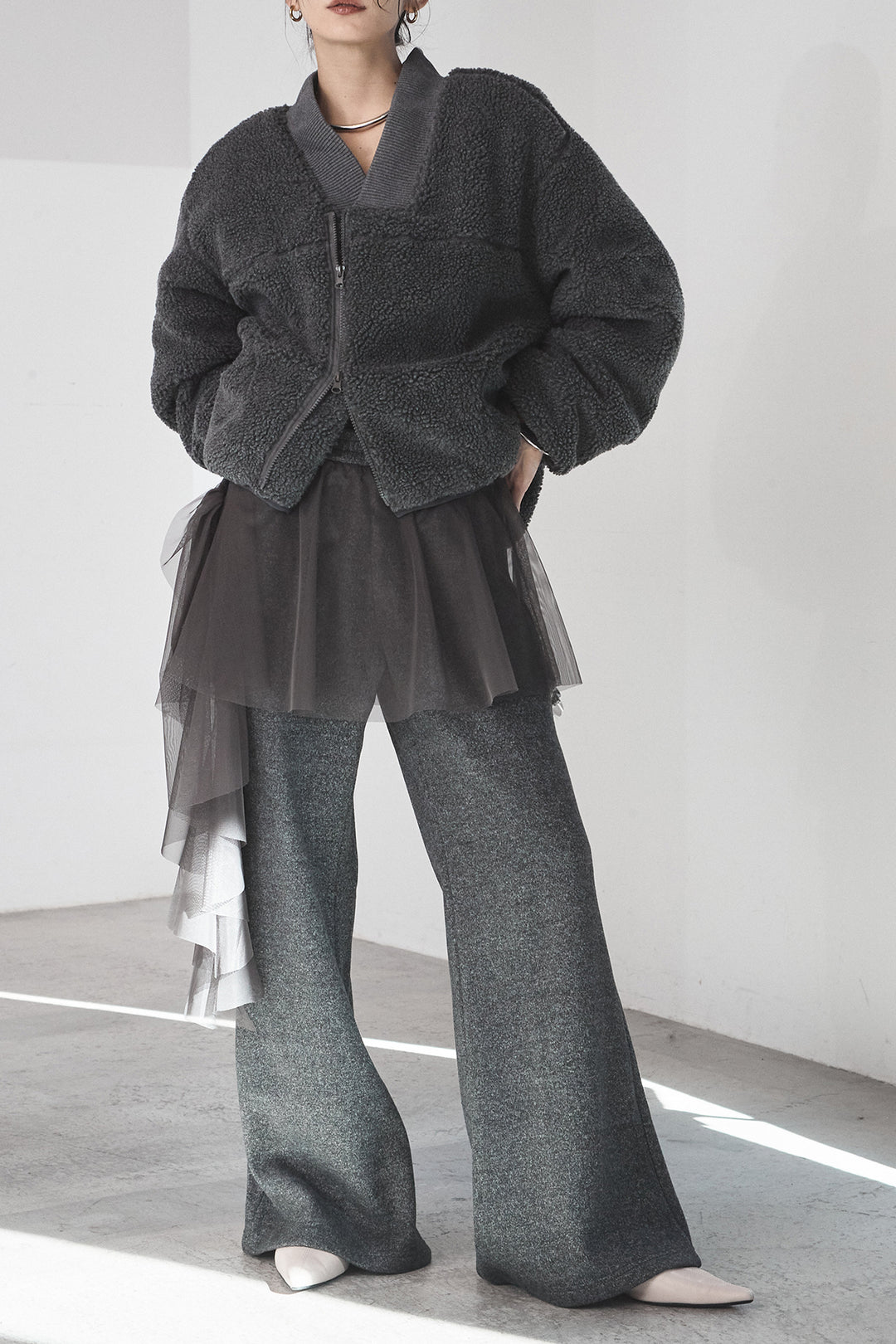 [SET]ノーカラーリブボアアウター+チュールレイヤードニットパンツ(2set)