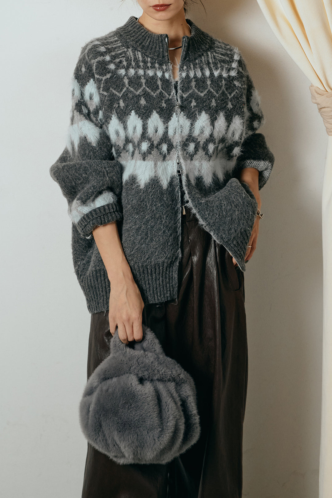 [SET]起毛ダブルジップパターンニットカーディガン+ベルト付きレザーライクタックパンツ(2set)