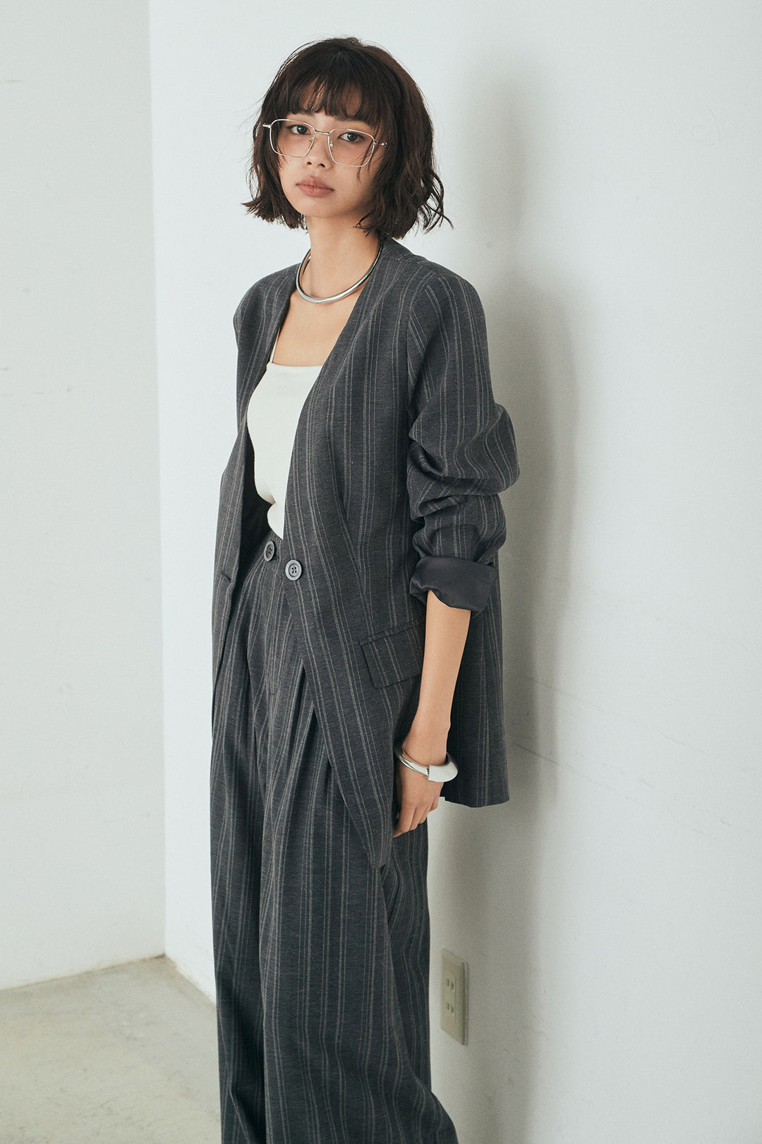 [SET]ノーカラーピンストライプジャケット+ピンストライプワイドスラックス(2set)