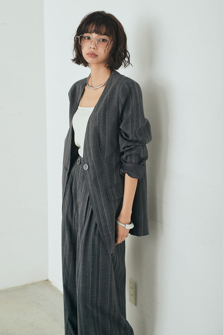 [SET]ノーカラーピンストライプジャケット+ピンストライプワイドスラックス(2set)