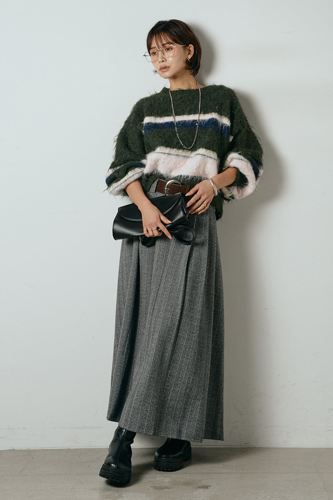 [SET]起毛配色マルチボーダーニットトップス+太ベルト付きヘリンボーンプリーツスカート(2set)