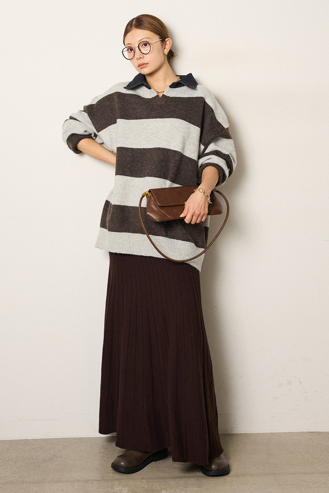 [SET]デニムカラーボーダールーズニット+編み地切り替えフレアニットスカート(2set)