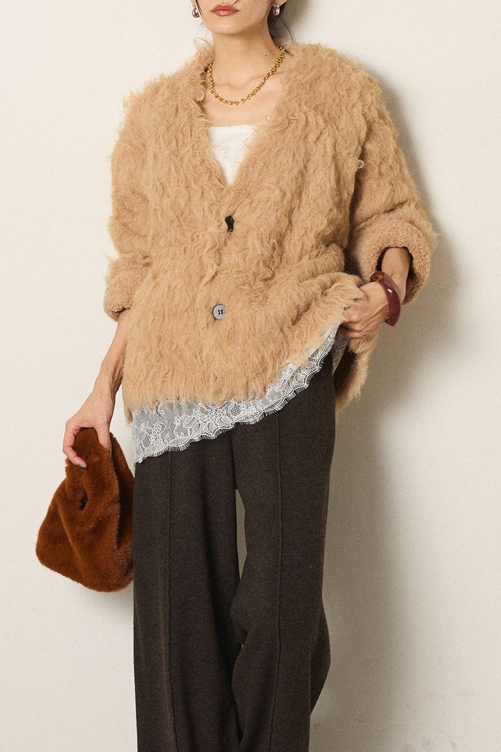 [SET]起毛シャギーニットカーディガン+レース切り替えキャミソール(2set)