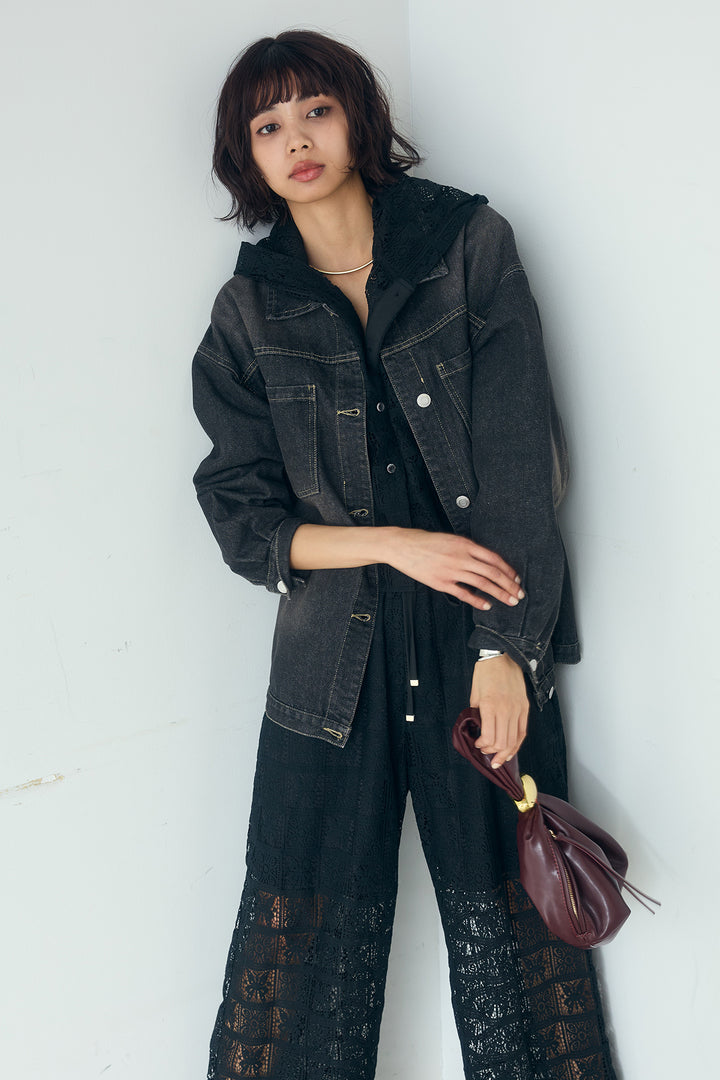 [SET]パッチワークレースショート丈フードシャツ+パッチワークレースイージーパンツ(2set)