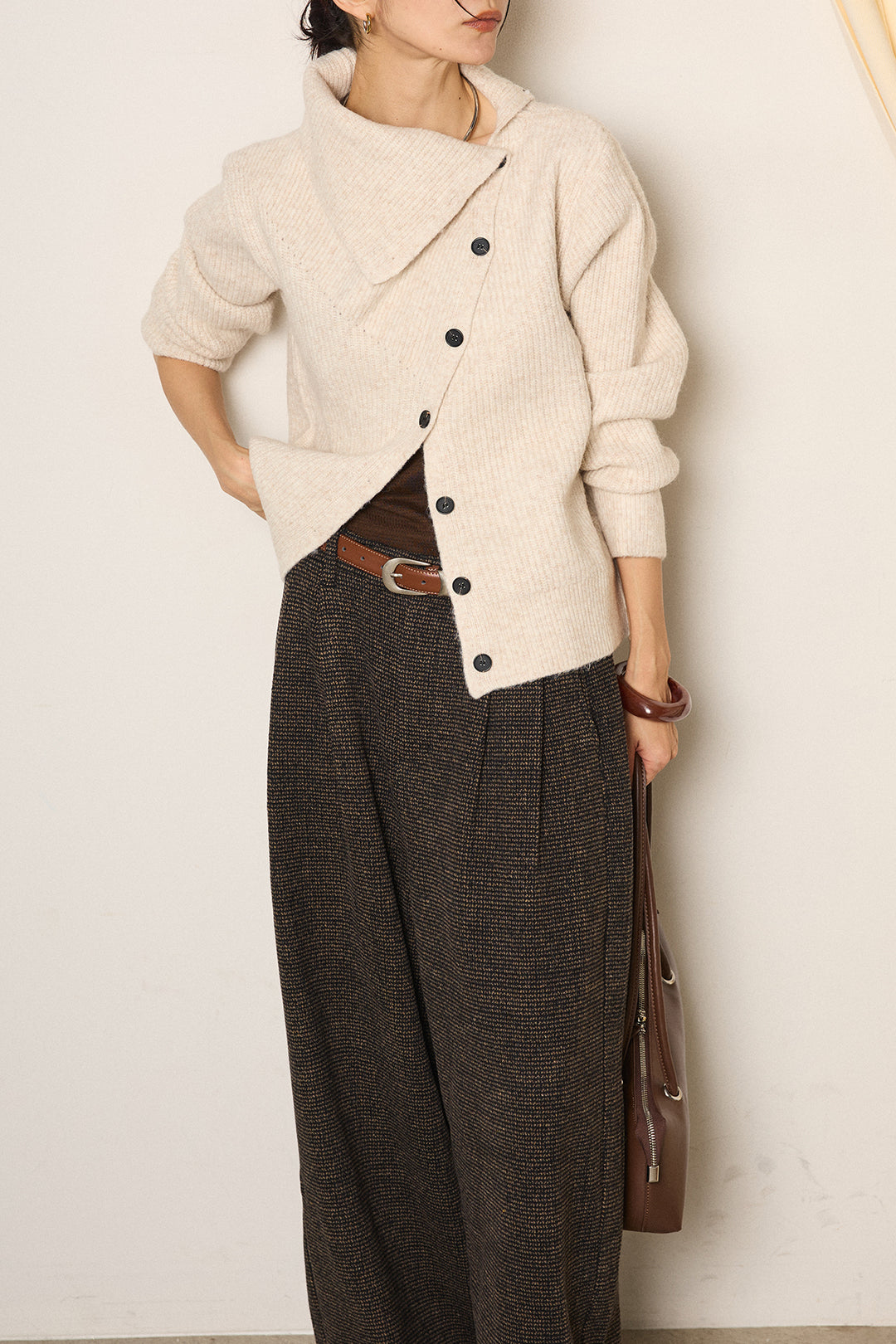 [SET]ボタンデザインネックニットプルオーバー+起毛タック入りツイードワイドパンツ(2set)