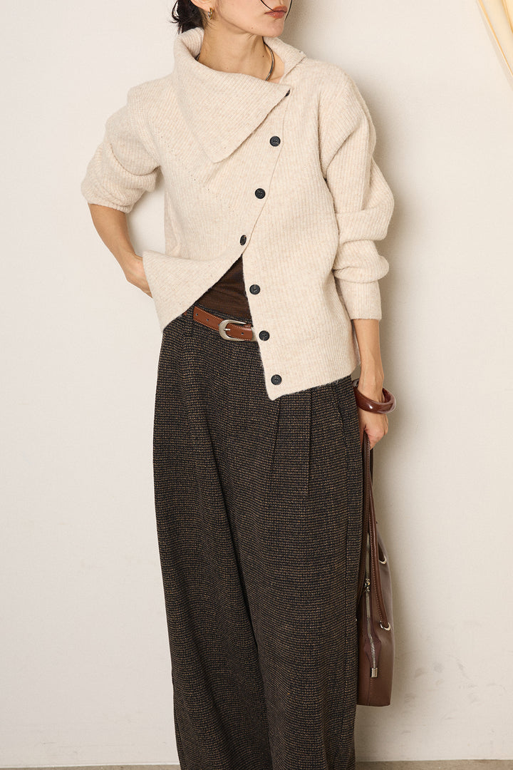 [SET]ボタンデザインネックニットプルオーバー+起毛タック入りツイードワイドパンツ(2set)