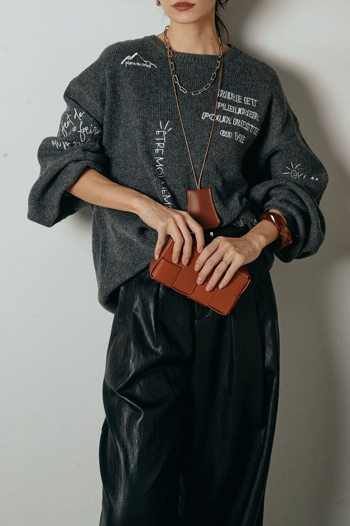 [SET]刺繍ロゴランダムデザインニットトップス+ベルト付きレザーライクタックパンツ(2set)