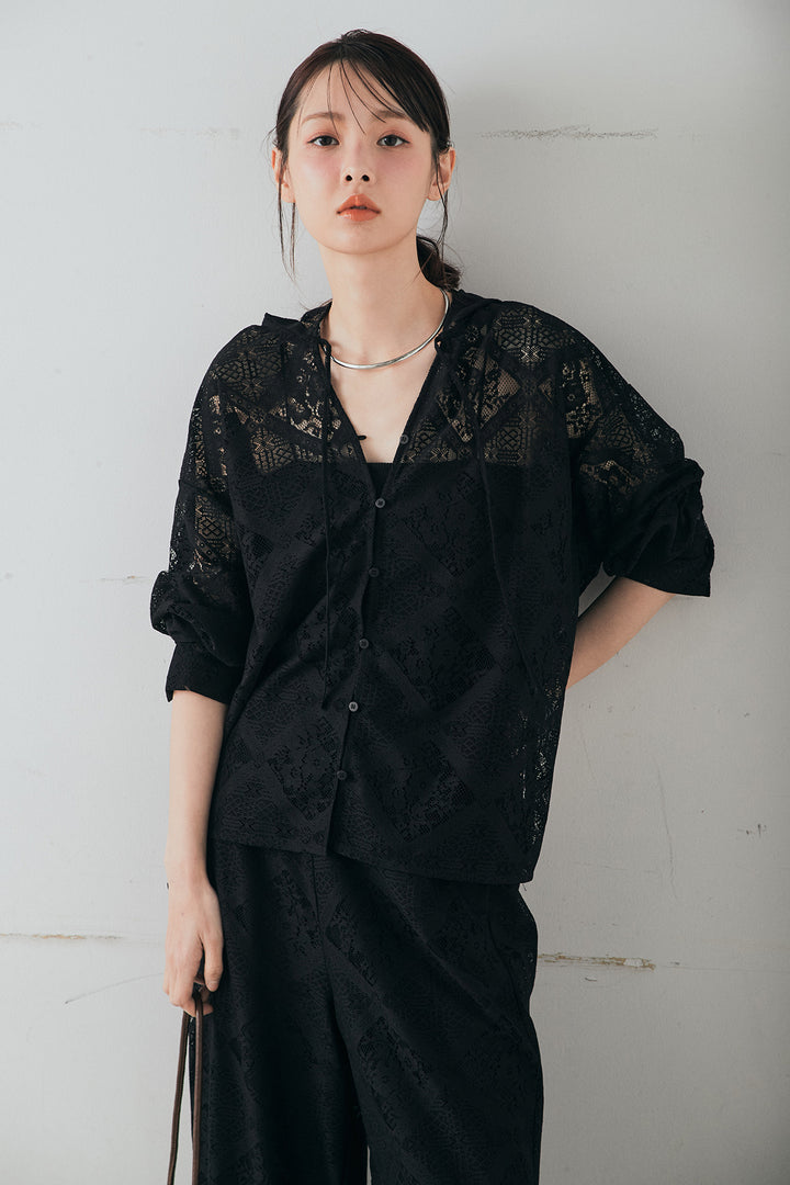 [SET]ブロックレースフード付きブラウス+リラックスブロックレースワイドパンツ(2set)