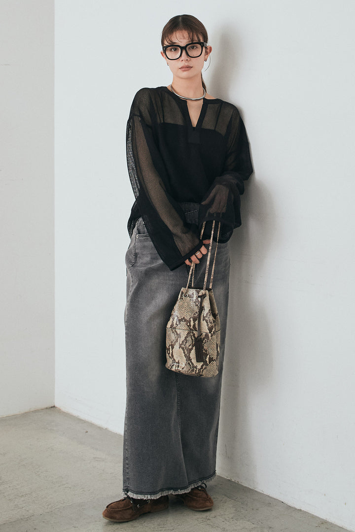 [SET]メッシュカットソースキッパープルオーバー+ウエストクロスデニムタイトスカート(2set)