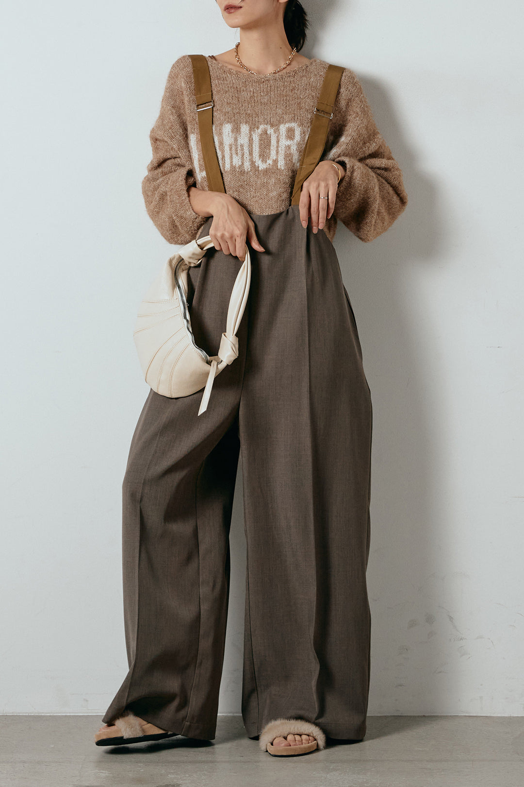 [SET]フロントロゴデザインニットトップス+ワイドツイルサロペット(2set)