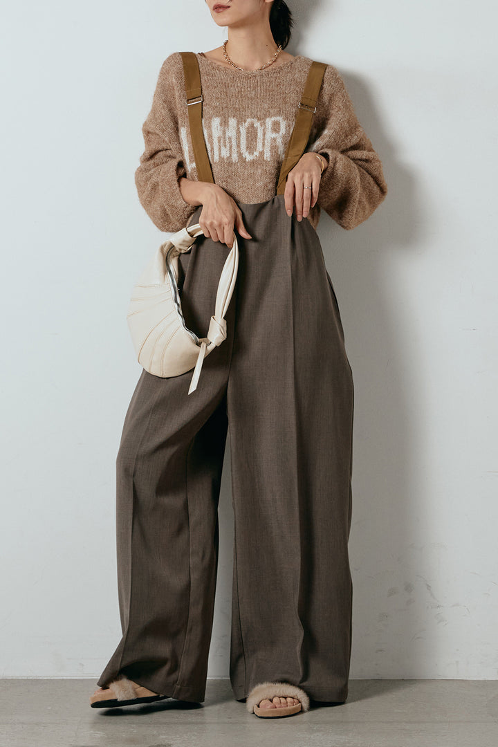 [SET]フロントロゴデザインニットトップス+ワイドツイルサロペット(2set)