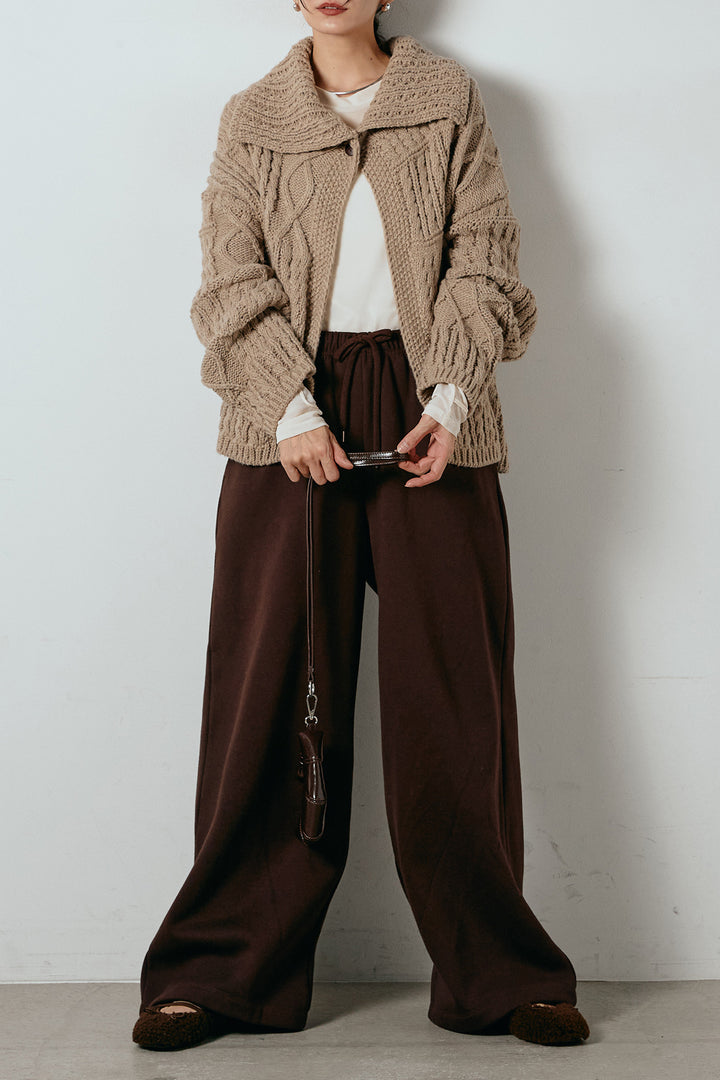[SET]ビッグカラーケーブル編みニットトップス+2WAY袖コード刺繍クルーネックプルオーバー+裏起毛スウェットワイドパンツ(3set)