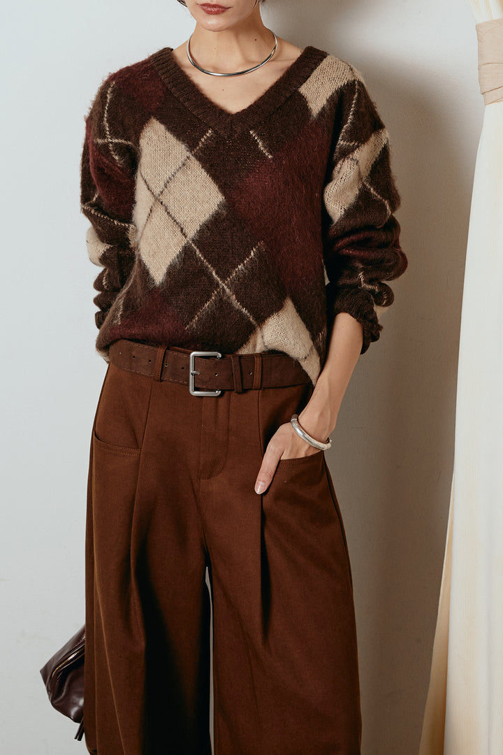 [SET]アクリルモヘアアーガイルVネックプルオーバー+太ベルト付きタックデザインワイドパンツ(2set)