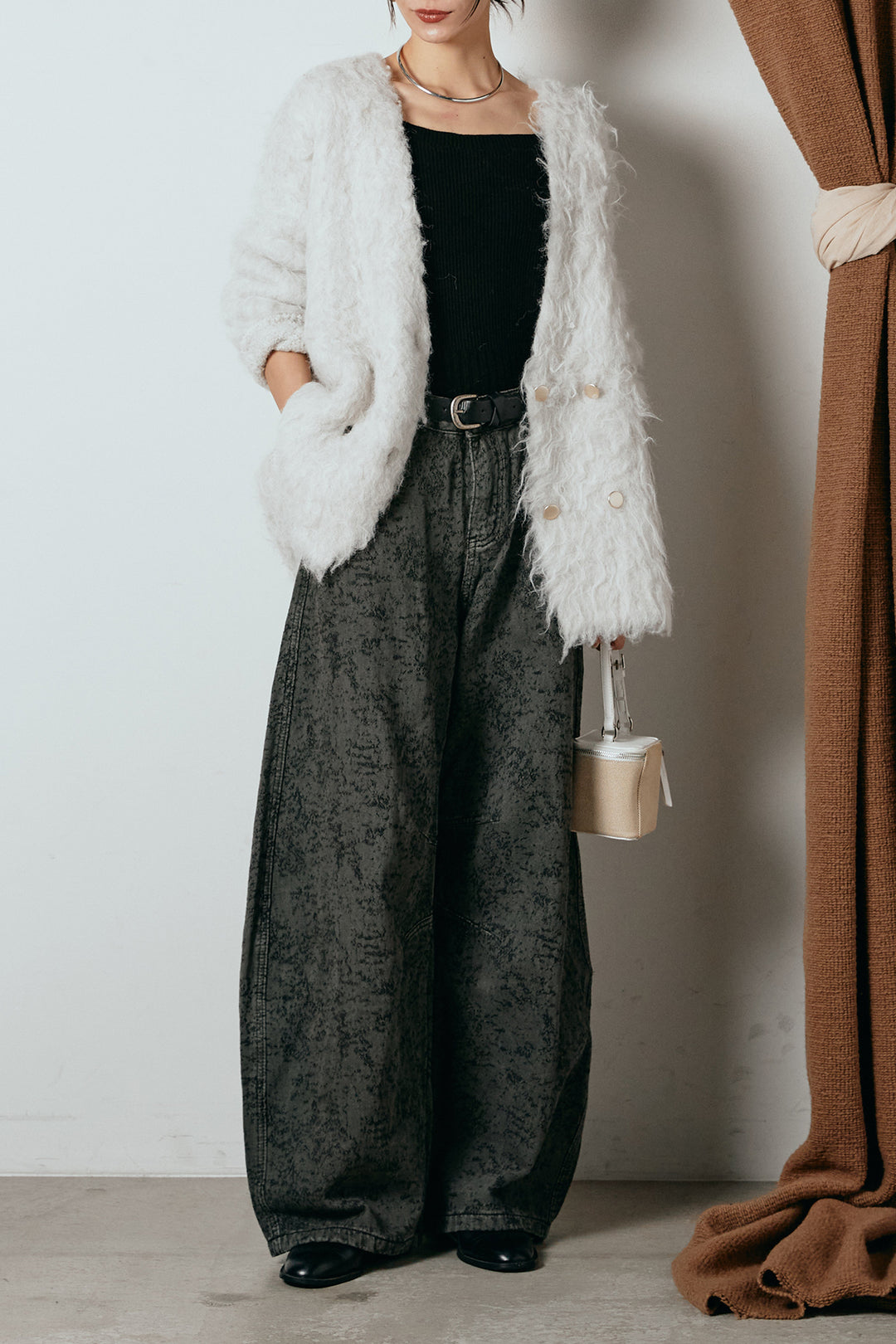 [SET]ウェーブシャギーニットジャケット+ベルト付きニュアンス柄カーブワイドパンツ(2set)