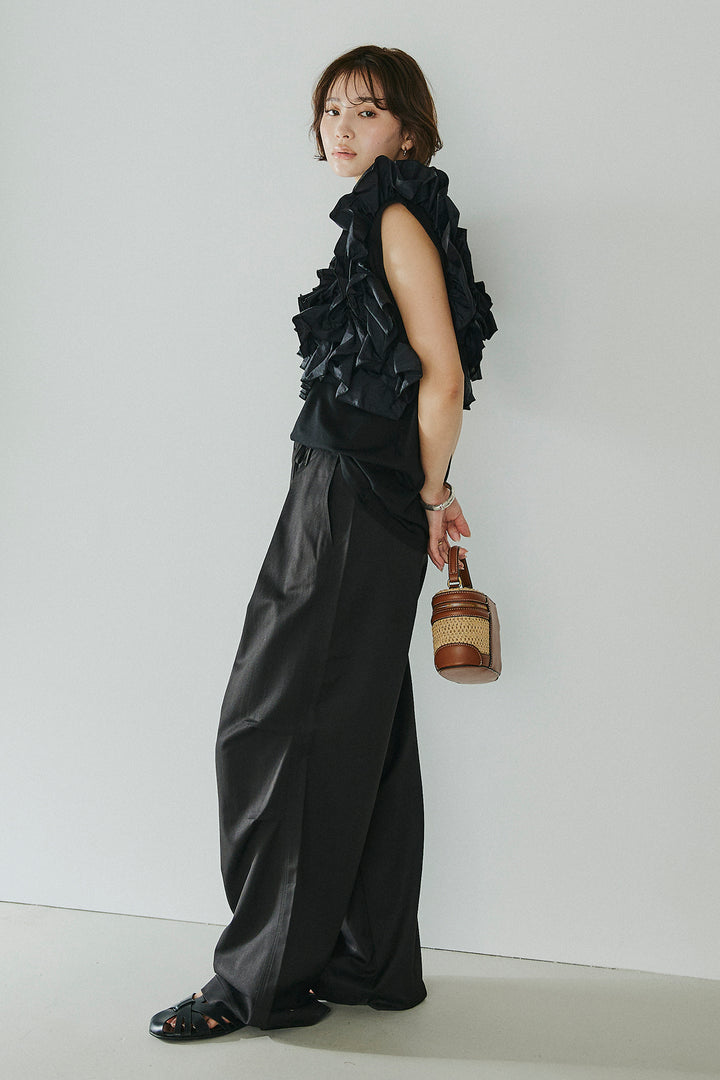 [SET]天竺ナイロンドッキングビスチェ風トップス+ニーサイドタックウエストドロスパンツ(2set)