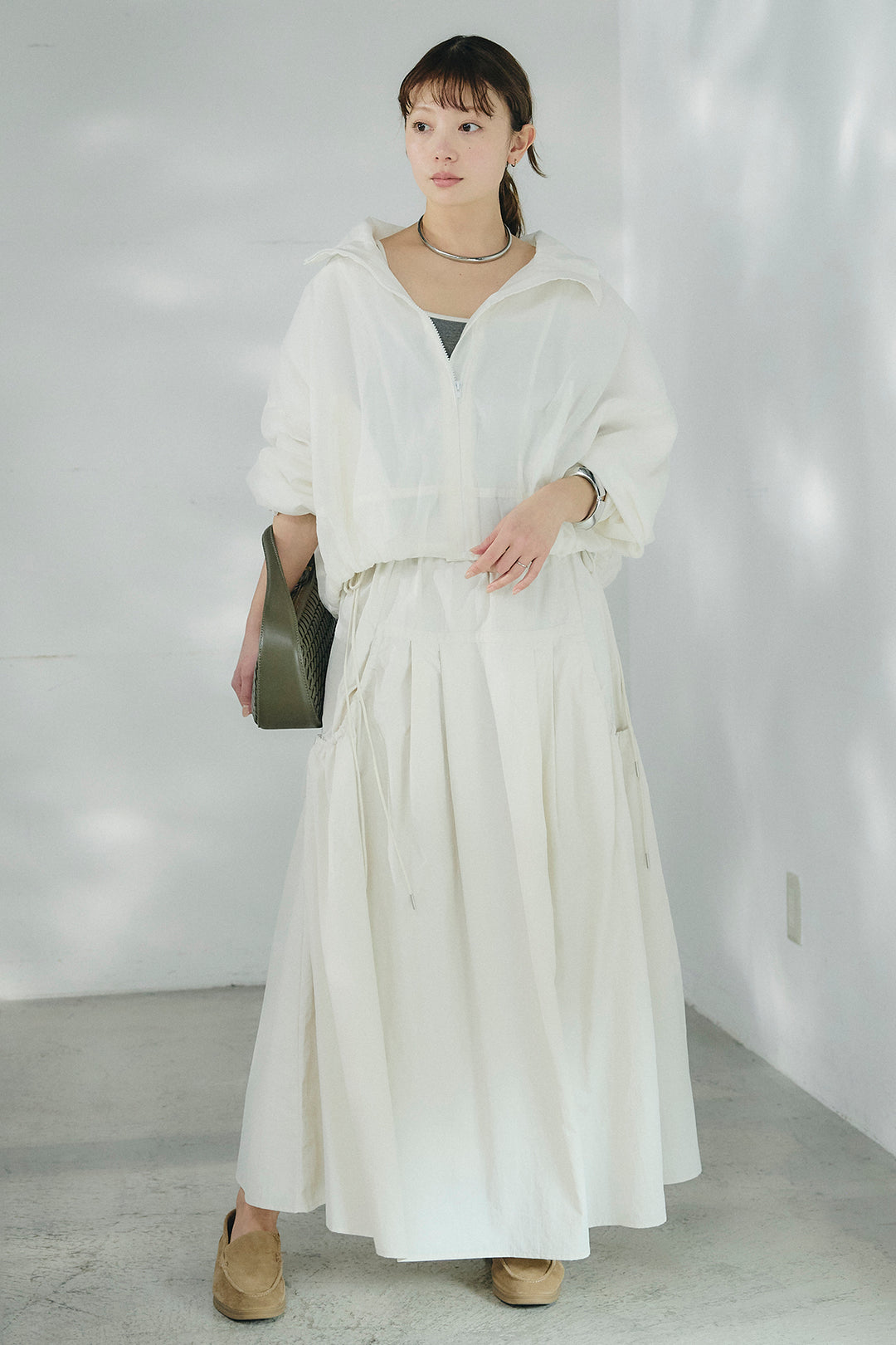 [SET]スタンドネックシアーブルゾン+ナイロンデザインフレアスカート(2set)