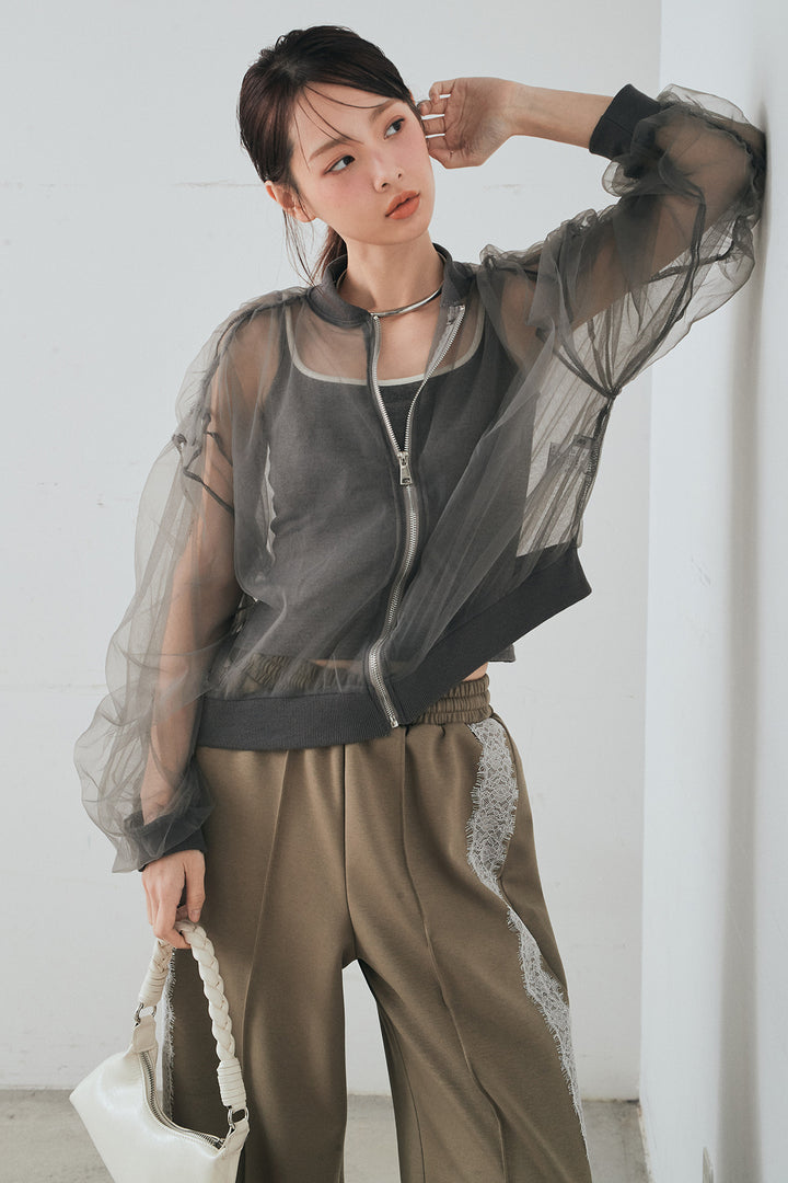 [SET]エアリーチュールスリーブシアーブルゾン+Wフェイスカットソーサイドレースラインパンツ(2set)