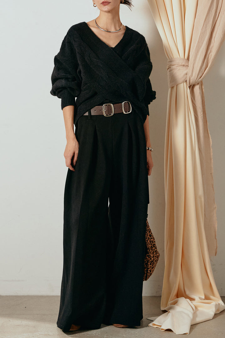 [SET]ケーブルカシュクールニットトップス+フェイクレザー太ベルト付きタックワイドパンツ(2set)