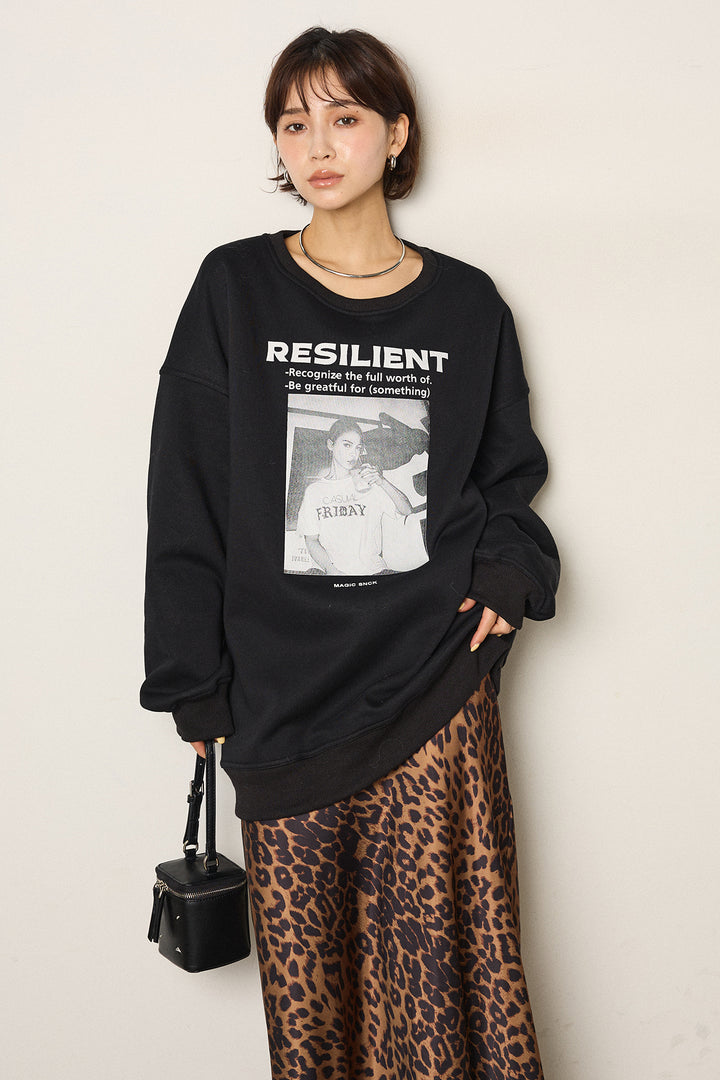 [SET]モノトーンプリントスウェット+レオパード柄サテンスカート(2set)