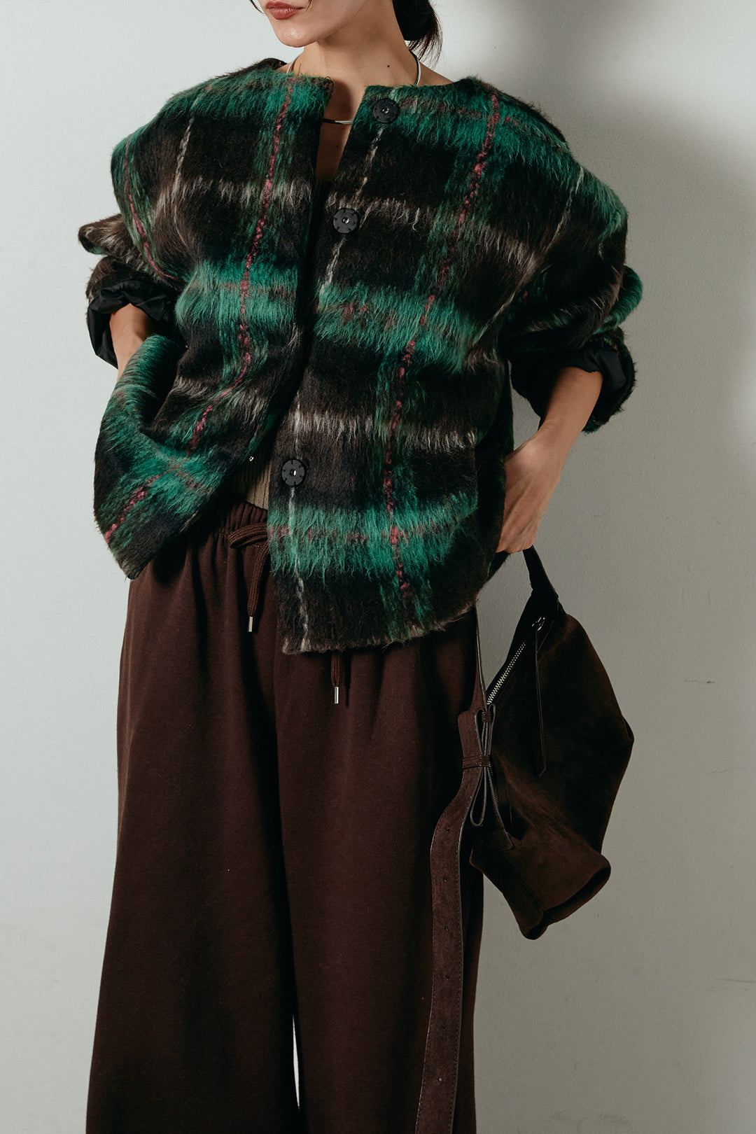 [SET]ノーカラーシャギーチェックアウター+裏起毛スウェットワイドパンツ(2set)