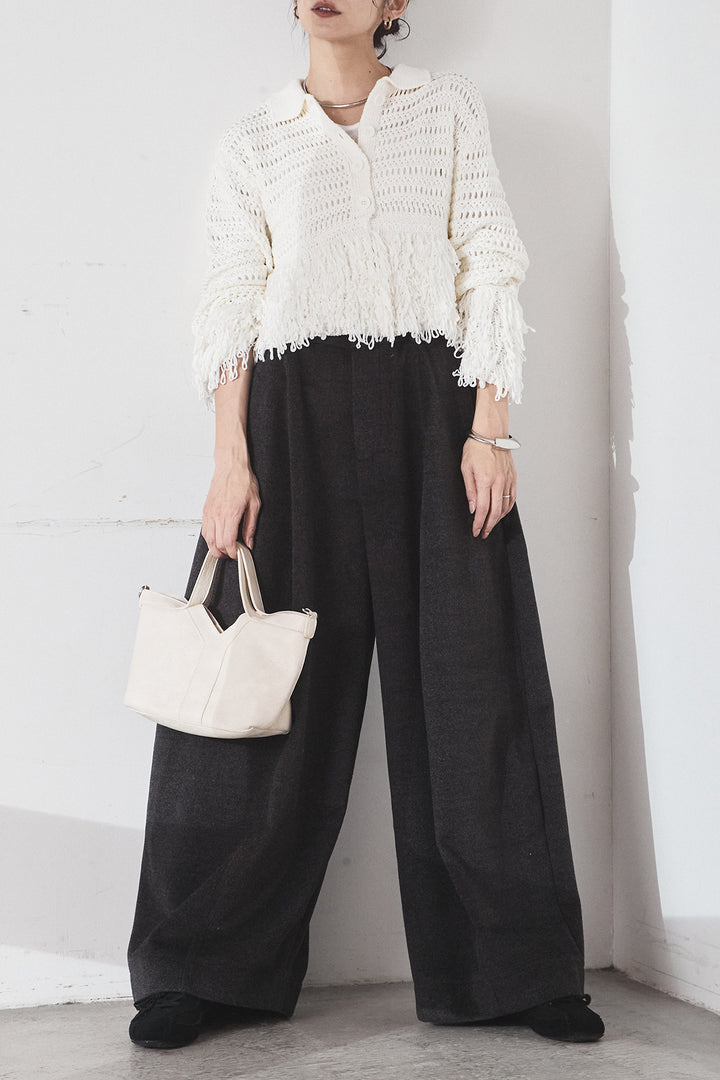 [SET]メッシュフリンジカーディガン+ウールタッチカーブワイドパンツ(2set)