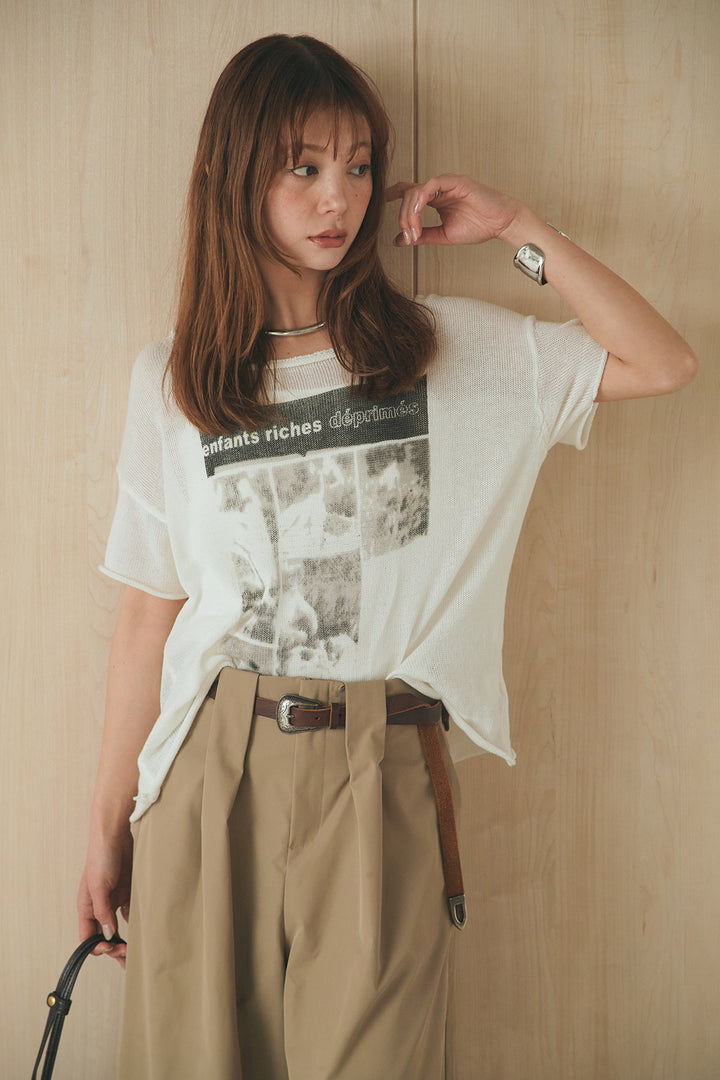 [SET]半袖モノトーングラフィックトップス+ベルトループデザインハイウエストタックパンツ(2set)